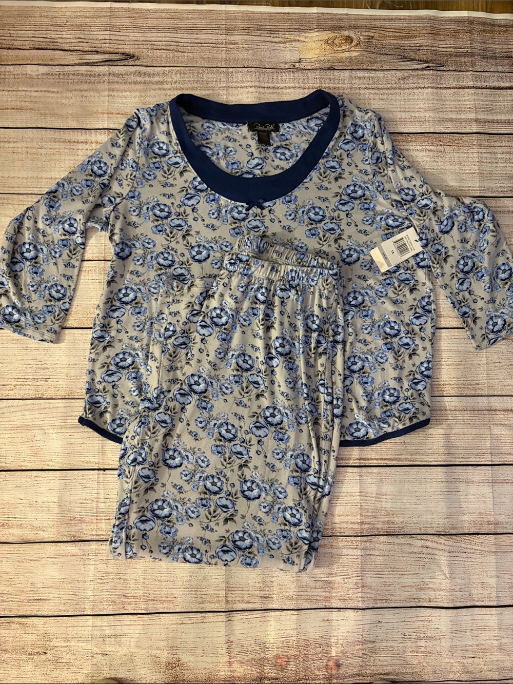 Rene Rofe Blue Floral Long Sleeve Pajama Set with Navy Trim